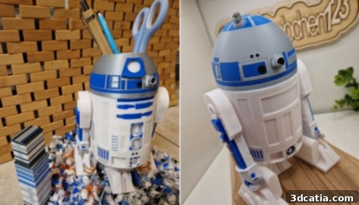A multicolor 3D printed R2-D2 model that serves as a pen holder