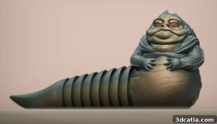 A 3D printed, articulated figure of Jabba the Hutt with multiple moving segments