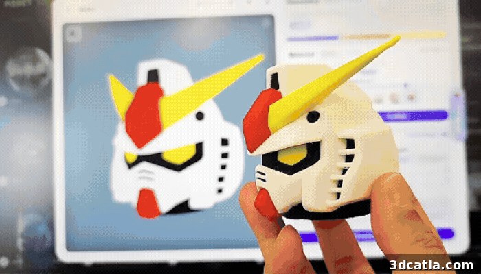 Multi-color printed Gundam head beside its on-screen model. 