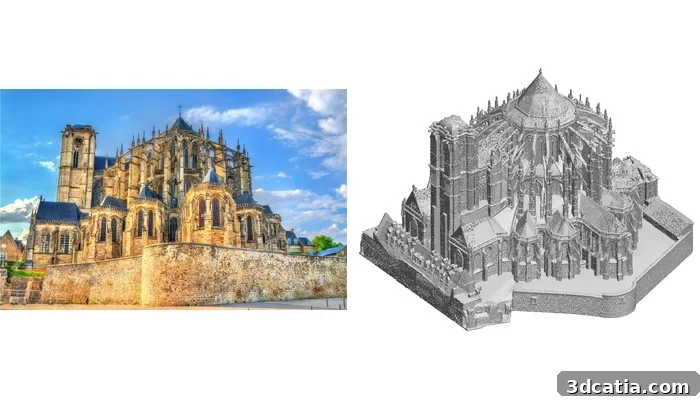 Le Mans cathedral: photo and Meshy model from the photographed side