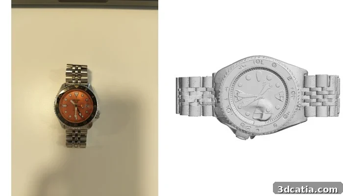 Seiko 5 Sports GMT on a desk and the Meshy model from above